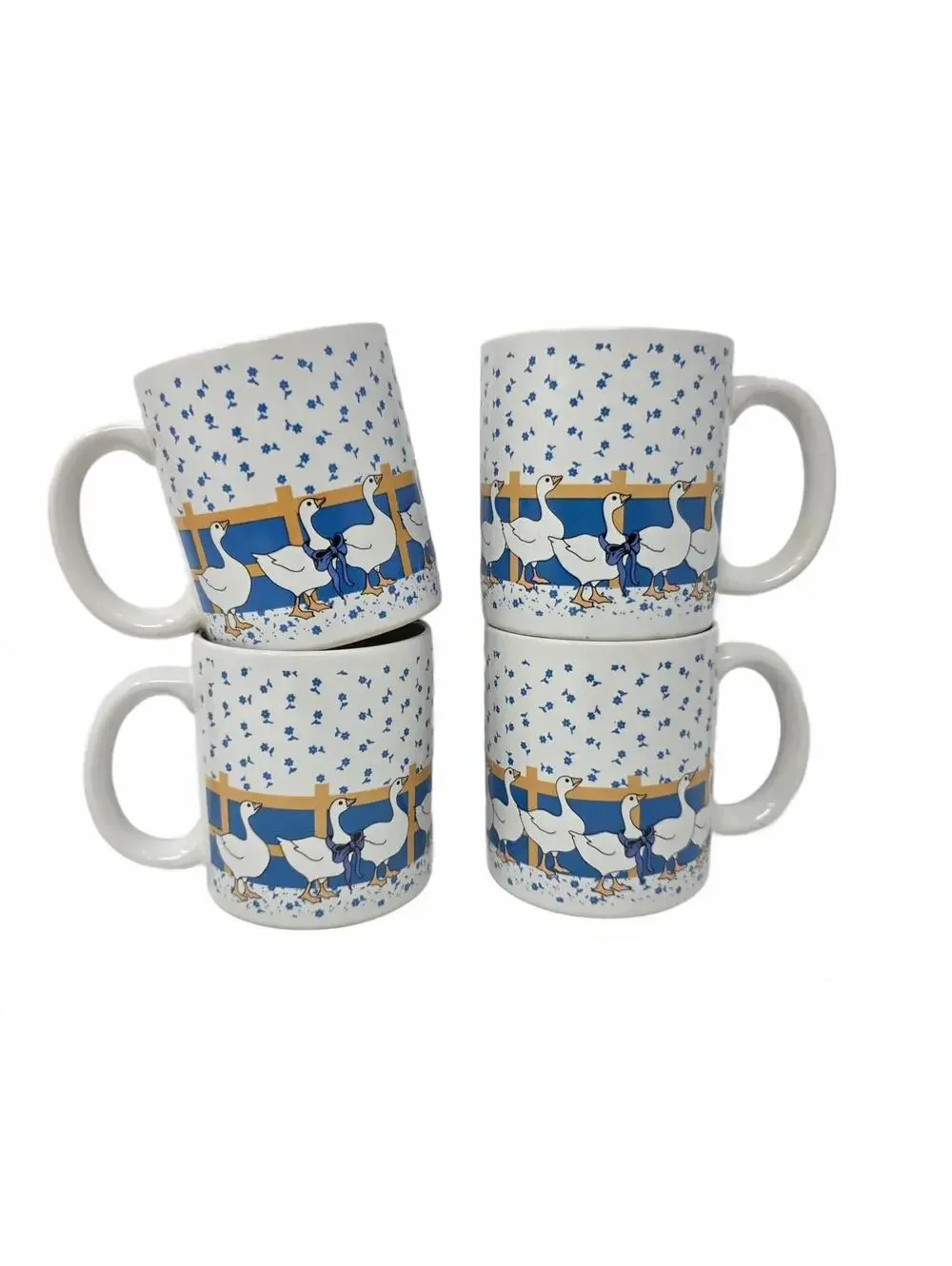 Vintage Country Goose Mugs Set of 4 Blue Bow Ceramic Cups 1980s